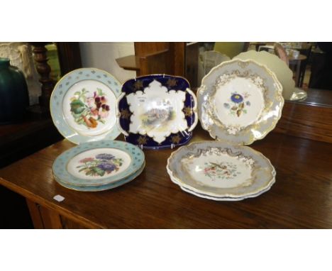 A Coalport plate with a hand painted scene of Kenilworth Castle and a collection of dessert plates with hand painted botanica