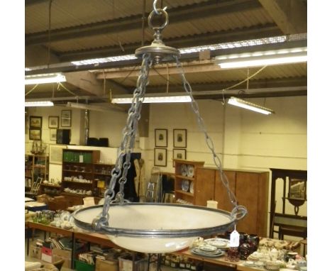 A 1920's anodised brass hanging lamp with opalescent bowl