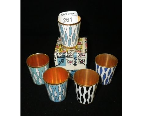 A set of five Russian enamelled shot beakers with abstract enamel decoration