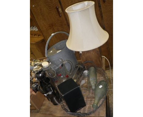 A vintage galvanized watering can, an oak table lamp and sundry items