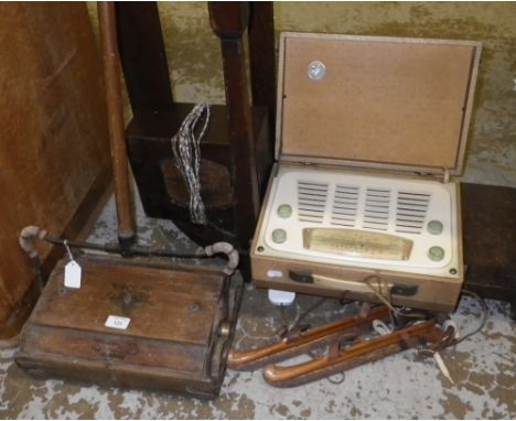 A vintage wooden Ewbank carpet sweeper, a vintage Vidor radio and similar items