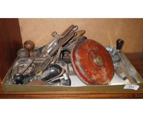 A leather-cased Rabone & Sons tape measure and a further small collection of tools