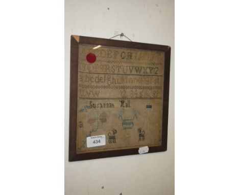 A needlework sampler 'Susannah Hall', possibly American, label to reverse 'John Wannamaker, New York'