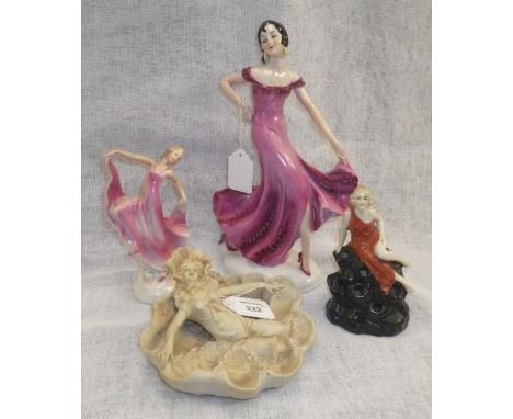 A risqué Continental dish in the form of a woman showing her bottom, a ceramic ornament of a woman in pink dress and other si