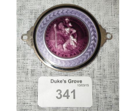 A silver and purple guilloche enamel badge, decorated with an image of St Christopher