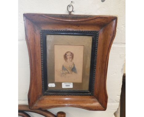A 19th century portrait of a young woman with ringlets, signed 'Pickerscill 1835' together with two character study watercolo