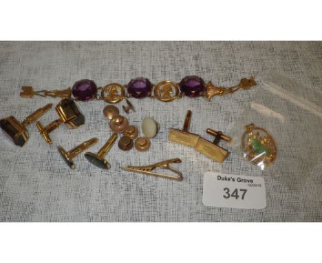 An Egyptian yellow gold and purple stone-set bracelet, a pair of smoky quartz 9ct gold set cufflinks and a collection of othe