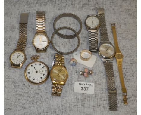 A collection of old wristwatches and small jewellery including a pair of rose quartz cufflinks and a 9ct yellow gold gentlema