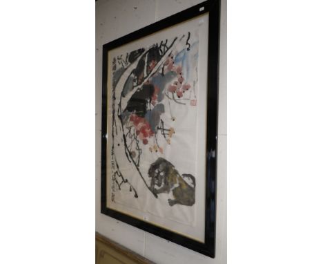 A large scale Chinese watercolour with various inscriptions and a character stamp in an ebonised frame