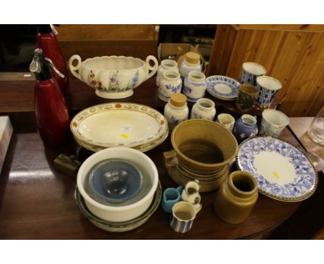 Two Russian tea cups and saucers; and matching plate; two soda syphons; two Victorian pedestal bowls; various blue and white 