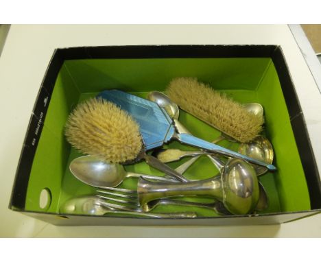 A silver and blue guilloche enamel decorated three piece dressing table set; together with a silver ladle; silver plated spoo