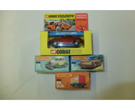 A Matchbox Model "A" Ford 73; a flat car / container; a Porsce Turbo and a Corgi Toys Mini Marcos GT850 341