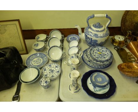 A large Copeland Spode Italian patterned teapot (restored) together with various other blue and white china to include Wedgwo