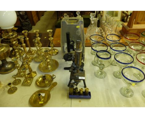 A J Swift &amp; Son of London brass microscope with various lenses; together with a USSR microscope