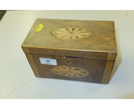 A George III mahogany and satinwood inlaid two compartment tea caddy