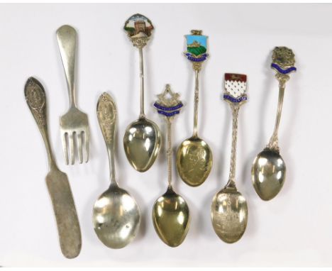 SOUVENIR SPOONS ETC.A silver & enamel Masonic spoon, for the Lymington Lodge, dated 1938, four other souvenir spoons & three 