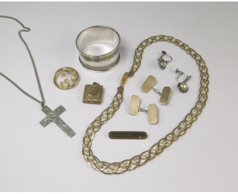 GOLD BROOCH ETC. A 9ct. gold &amp; cultured pearl brooch, an engraved silver cross &amp; chain, a silver napkin ring etc.