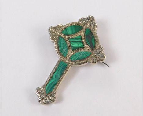 MALACHITE. A Victorian engraved silver Celtic cross brooch, set with malachite. 4.5cm.