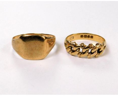 GOLD RINGS. A gentleman's 9ct. gold signet ring, size V (approx. 4.5g) &amp; an 18ct. gold ring with linked front, size N. (a