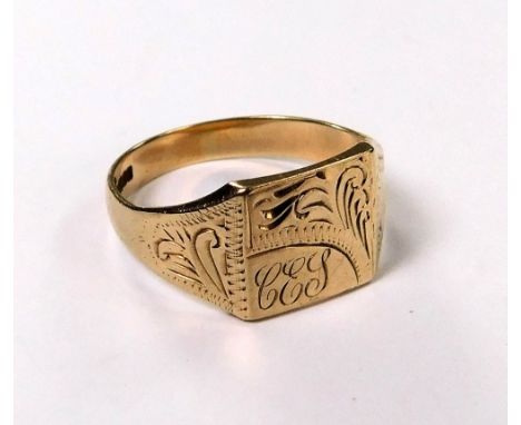 GOLD RING. A gentleman's 9ct. gold engraved signet ring. Size S. Approx. 4.2g.