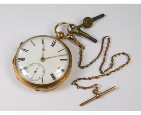 GOLD WATCH &amp; CHAIN. A Victorian 18ct. gold cased, open faced, key wind pocket watch, with 9ct. gold watch chain. Chester 