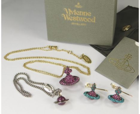 VIVIENNE WESTWOOD.A Vivienne Westwood purple crystal orb pendant, on gold plated chain with tag, a pair of similar purple & t