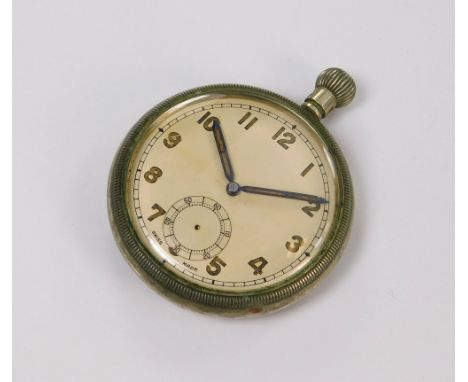 MILITARY WATCH. A military pocket watch in nickel case. (Bow &amp; sweep seconds hand missing). To the reverse, a broad arrow