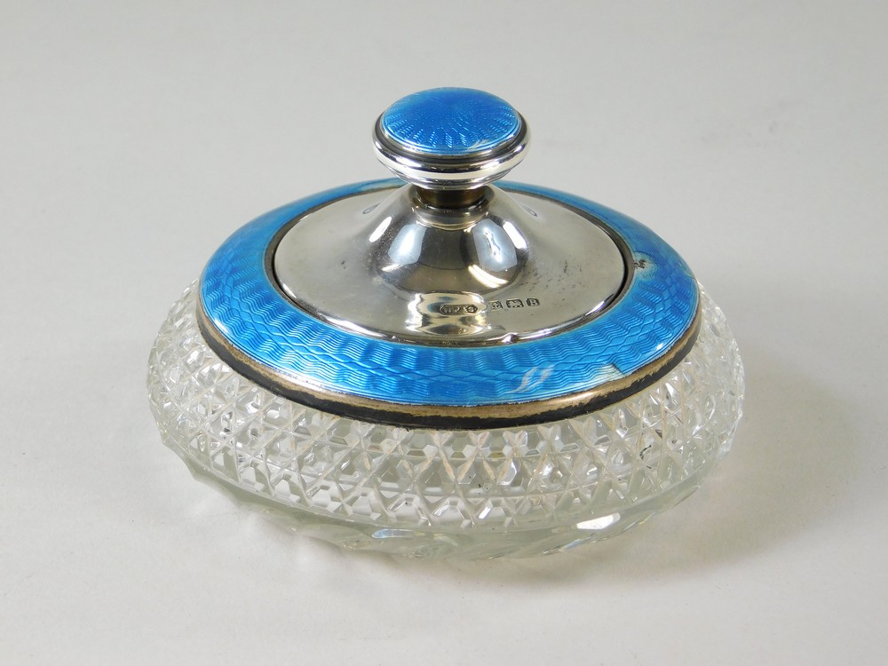 POWDER BOWL. A 1920's silver, enamelled & cut glass small powder bowl