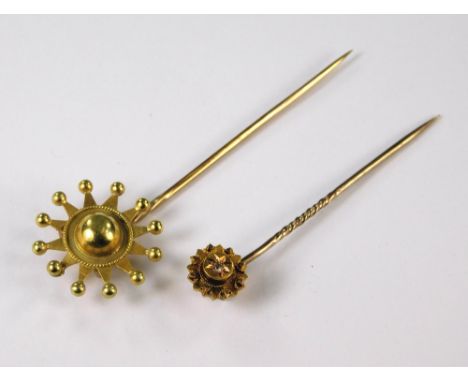 STICK PINS. A Victorian 15ct. gold, diamond set stick pin &amp; one other stick pin engraved to the reverse, 1897.