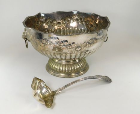 PUNCH BOWL &amp; LADLE. An EPNS on copper twin handled punch bowl &amp; King's pattern ladle. Diameter 32cm.