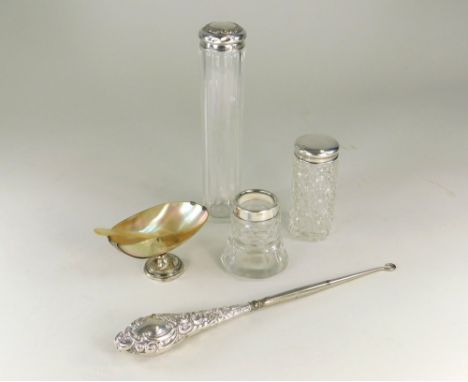 TOILET JARS ETC.Three silver mounted toilet jars, a silver mounted button hook & a French mother of pearl salt with spoon.