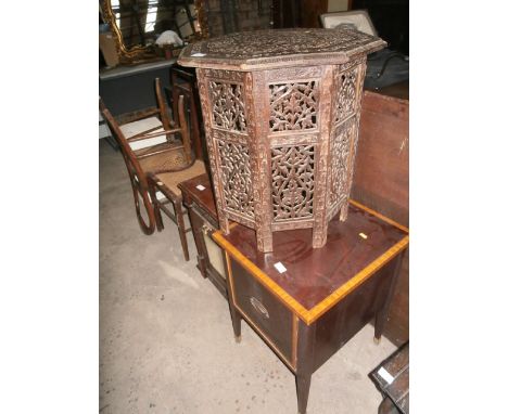 carved table, mirrored coal box and cupboard