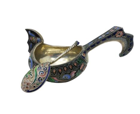 An Early XX Century Russian Cloisonne Enamel Kovsh, 11th Artel, stamped "84", highlighted in pink, blue and green; Together w