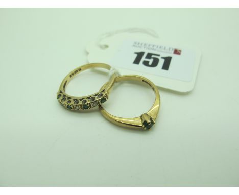 A Dainty 9ct Gold Single Stone Ring, (finger size M); together with another 9ct gold ring , alternately set (3.2grams). (2) 