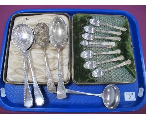 A Highly Decorative Set of Six Hallmarked Silver Tea / Coffee Spoons, in original fitted case with matching sugar tongs; toge