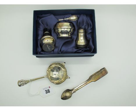 A Modern Hallmarked Silver Three Piece Cruet Set, in original fitted box (price ticket on box £119), complete with spoon; tog