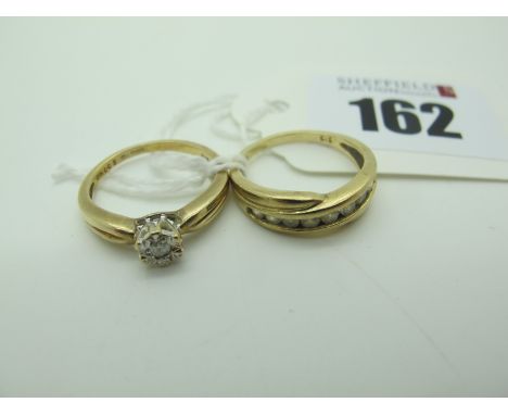 A Modern 9ct Gold Single Stone Diamond Ring, illusion set (finger size K); together with a channel set ring, stamped "375" (f