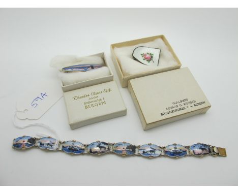 Ivar Holth; A Norwegian Enamel Brooch, of abstract design, detailed to the centre with a rose, stamped "925S Sterling Norway"