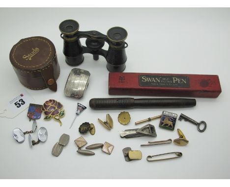 Enamel Badges, cufflinks, 'Studs' pot, opera glasses, pen, etc. 