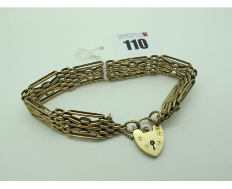A 9ct Gold Fancy Gate Link Style Bracelet, to 9ct gold heart shape padlock clasp (25grams). 