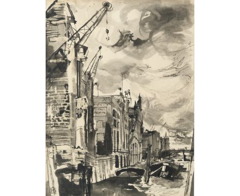 John Minton (British, 1917-1957)Cranes at Bankside signed, inscribed and dated 'John Minton 1947/Thames Side.' (on backboard)