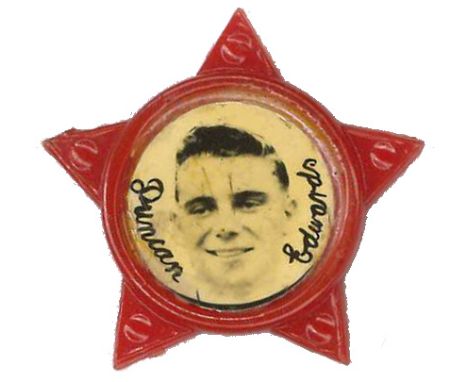 FOOTBALL, star shaped plastic lapel badge, Duncan Edwards (Manchester United), h/s portrait, G