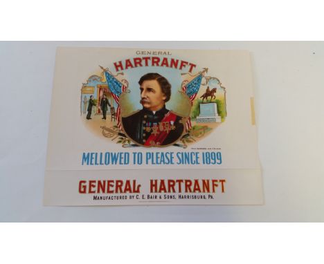 TOBACCO, crate label, General Hartranft, showing portrait with statue &amp; historical scene, 8.5 x 6.5, EX
