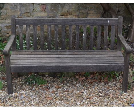A TEAK GARDEN SLATTED BENCH 153cm x 88cm Condition: Weathered 