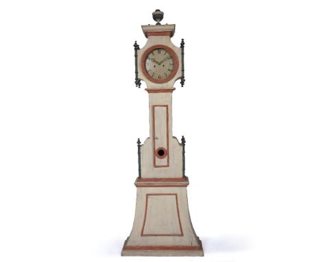 A SCANDINAVIAN PAINTED WOODEN 30 HOUR LONGCASE CLOCK with shaped hood surmounted by an urn finial, the case with single openi