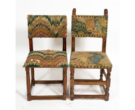 TWO 17TH CENTURY AND LATER WALNUT FRAMED SIDE CHAIRS with tapestry and woolwork upholstery and of pegged construction, both a
