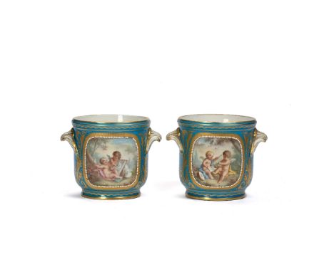 A PAIR OF SEVRES PORCELAIN SMALL JARDINIERES painted with classical scenes and flowers, 12cm high (2) Condition: some wear to