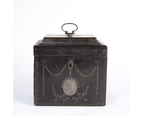 A GEORGE III TORTOISE SHELL AND WHITE METAL INLAID TEA CADDY with hinged loop handle, ribbon tied husk swag ornament and cart