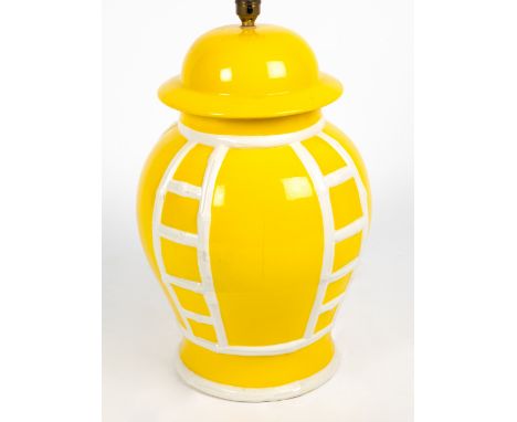 A MID 20TH CENTURY ITALIAN MADE YELLOW GROUND POTTERY TABLE LAMP with bamboo decoration, 31cm wide x 51cm high Condition: res