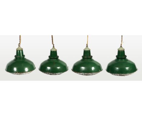 A SET OF FOUR GREEN AND WHITE ENAMELLED INDUSTRIAL HANGING LIGHT FITTINGS each 45cm diameter x 42cm high Condition: some smal